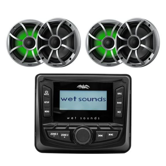 Wet Sounds WS-MC-5 3" Gauge style AM/FM Stereo with 2.7" LCD Display with 2 Pairs Wet Sounds RECON 6-S Recon Series 6.5" 60-Watt RMS Coaxial Speakers With Silver XS Grille And Cone (Pair)