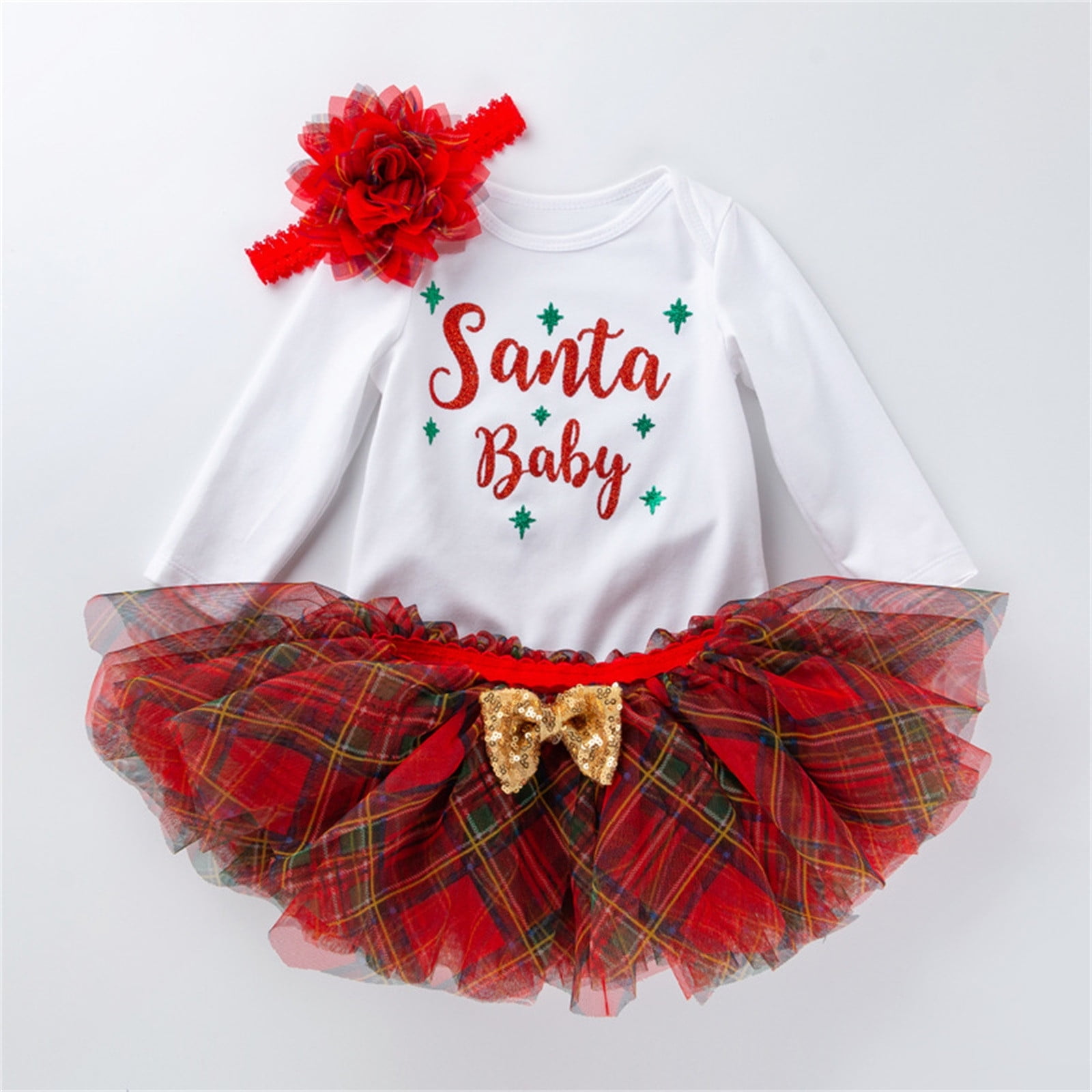 gcong My First Christmas Baby Girl Outfit Long Sleeve Romper Dress Santa Elk Dresses Fall Winter Clothes with Bowtie