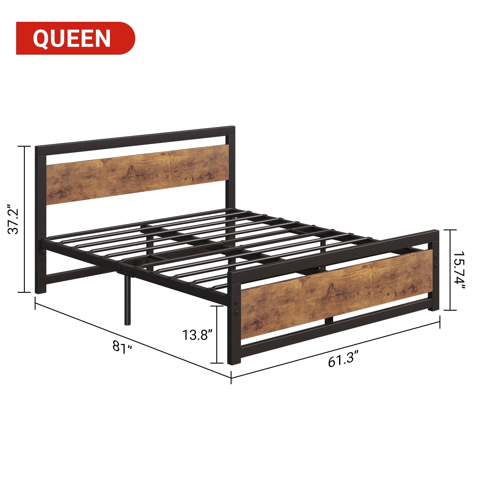 Industrial Full Size Bed Frame with Rustic Wooden Headboard, 14” Platform Bed Frame, No Box Spring Needed, Ample Storage Space, Noise-Free Design, Retro Brown
