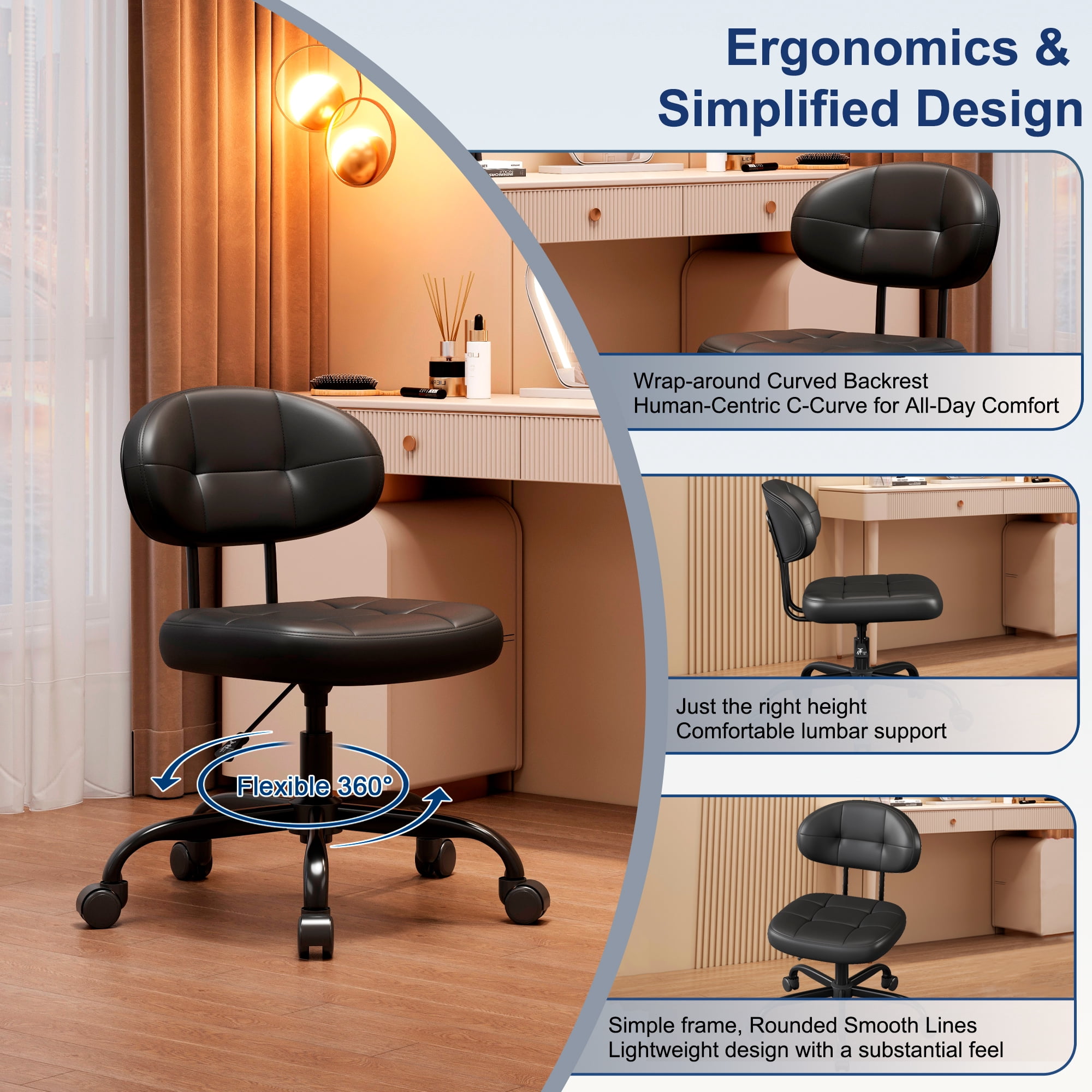 Misolant Vanity Chair with back, Small Armless Cute office Chair with wheels and Lumbar support, Comfy PU Leather Desk Computer Chairs with Adjustable Height, 360°Swivel for Home Bedroom Office
