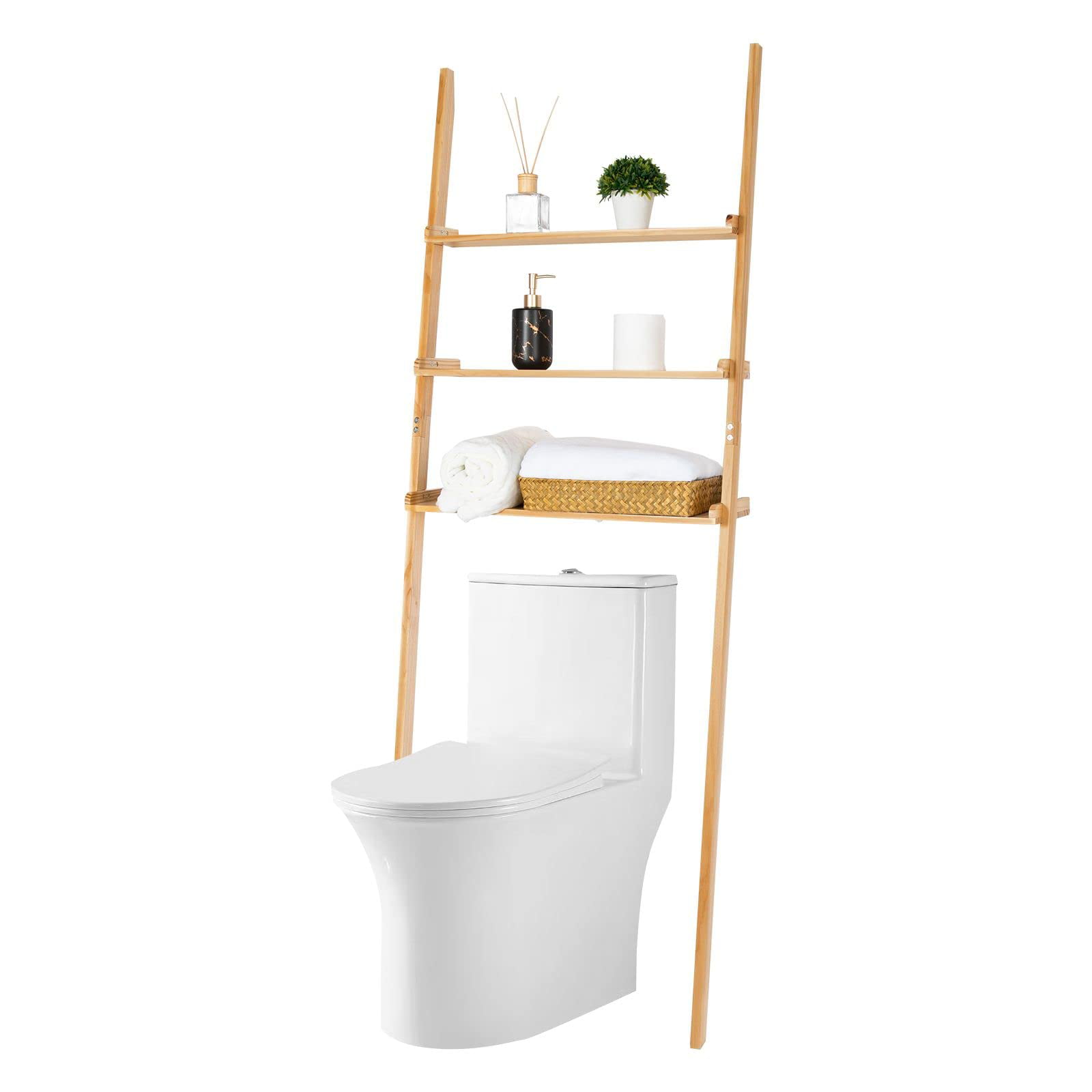 Three Capreolus 3-Tier Over The Toilet Storage, Bathroom Organizer with  Safety Rails & Anti-Tilt Device, Wooden Multifunctional Space Saver,  Bathroom