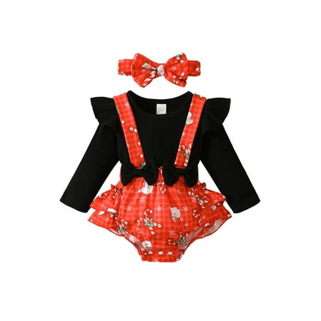 

elfinBE Newborn Baby Girl Christmas Splice Print Romper And Hairband 2PCs Outfits Set 0-12M