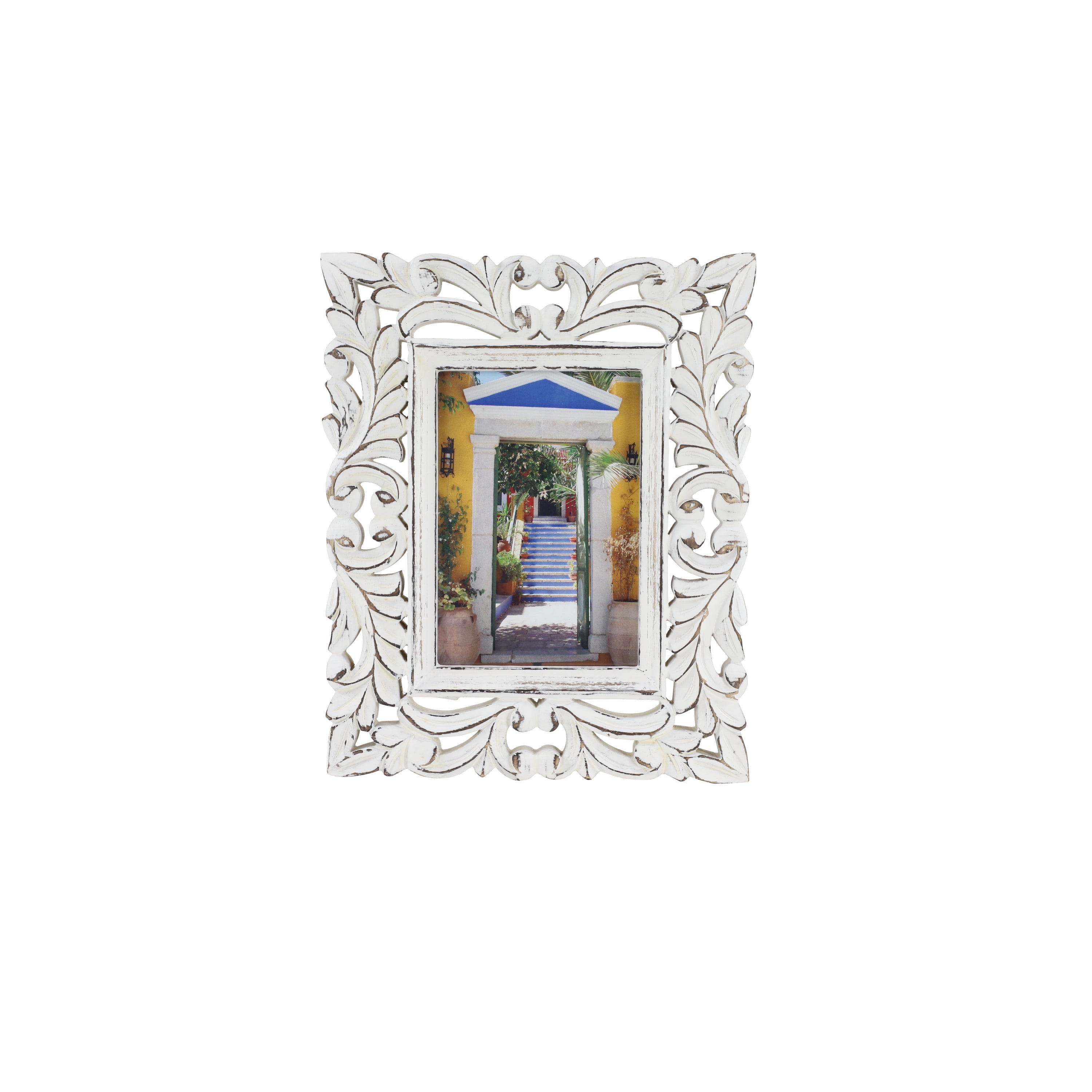 DecMode 5" x 7" Handmade Intricate Carved White Scroll Photo Frame