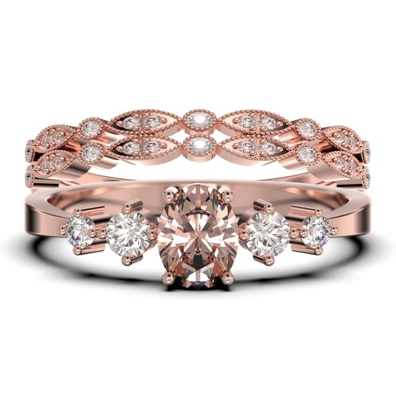 Minimalist Classic 1.65 Carat Oval Cut Morganite And Diamond Moissanite Engagement Ring, Wedding Ring in 925 Sterling Silver With 18k Rose Gold Plating, Gift, Promise Ring, Trio Rings Set