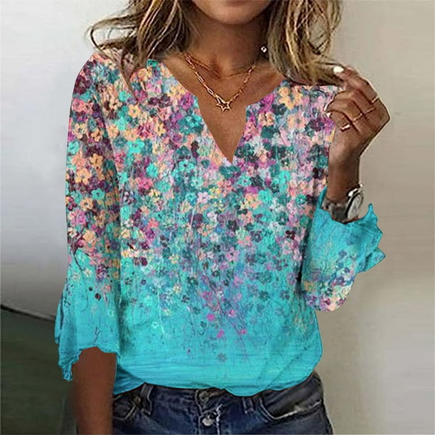 ICHUANYI Clearance Women's Casual Printing Three Quarter Sleeve V Neck Button T-Shirt Tees Blouse(Multicolor, M) ICHUANYI WER2023081100370