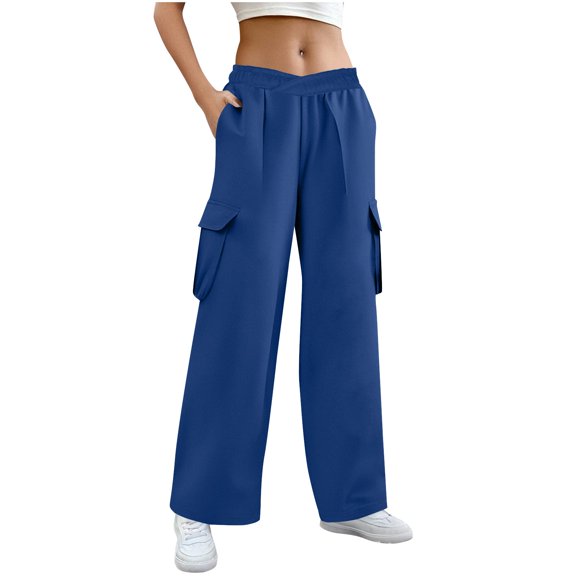 Maplenight Womens Cargo Sweatpants Elastic Waist Wide Leg Pants with Drawstring Solid Loose Casual Lounge Pants for Women