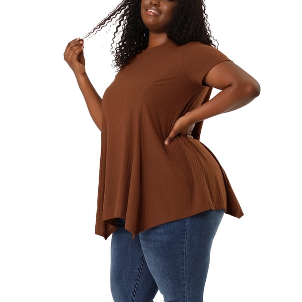 Women's Plus Size Short Sleeve Tunic Handkerchief Hem Summer Casual Top Brown 3X
