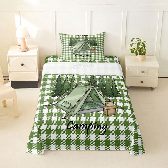 Erosebridal Green Plaid Tent Camping Twin Sheet Sets, Pine Tree Happy Quote Bedding for Men and Women, 3 Pieces