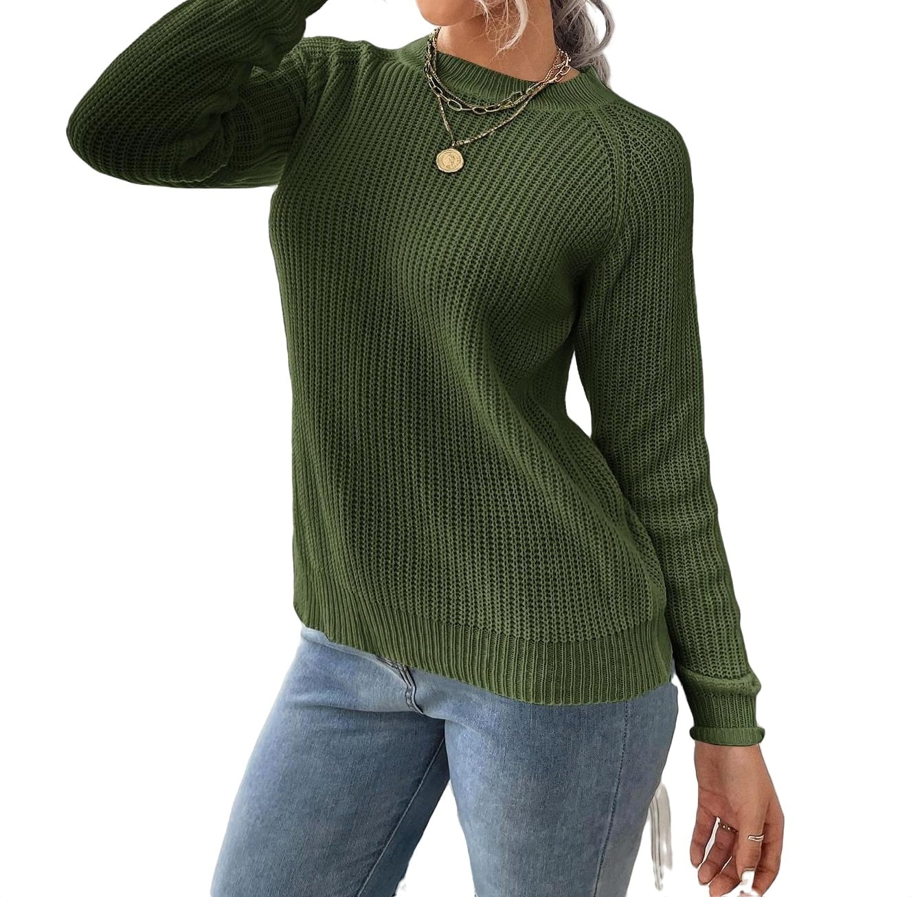 Womens Sweaters Casual Plain Round Neck Pullovers Army Green L ...