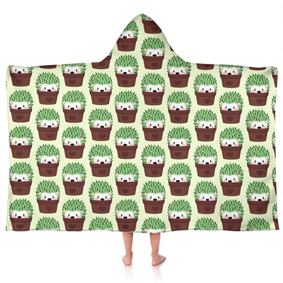 Cute Green Hedgehog Pattern Hooded Bath Towel,50"x30" for Ages 3 To 12 Kids, Quick Dry Lightweight Soft Microfiber Hood Beach Towel Cover Up for Kids