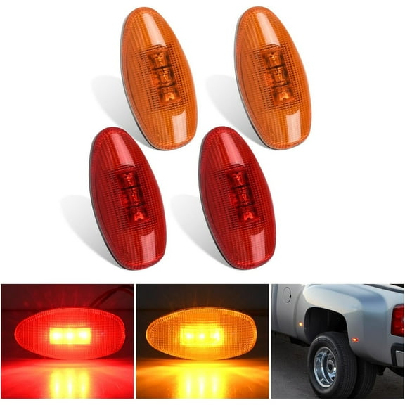 Fender Side Marker Lights 4 PCS 3 LED Red Amber Front Rear Clearance Light Compatible with 2001-2014 Chevy Silverado GMC Sierra 1500 2500HD 3500HD Dual Wheeler Trucks