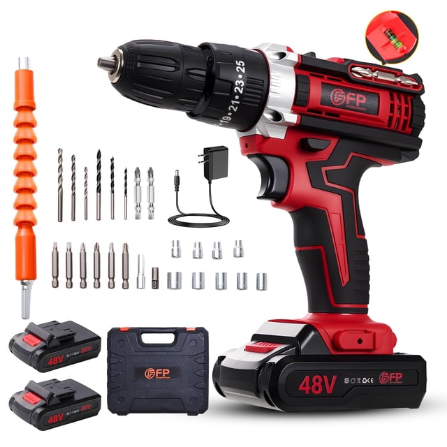 Taladro Inalámbrico 48V, 3 Modos de Trabajo, Incluidos Apriete, Perforación e Impacto, 25 Ajuste Esfuerzo de torsión, Con 2 Baterías Y Cargador, Para Madera