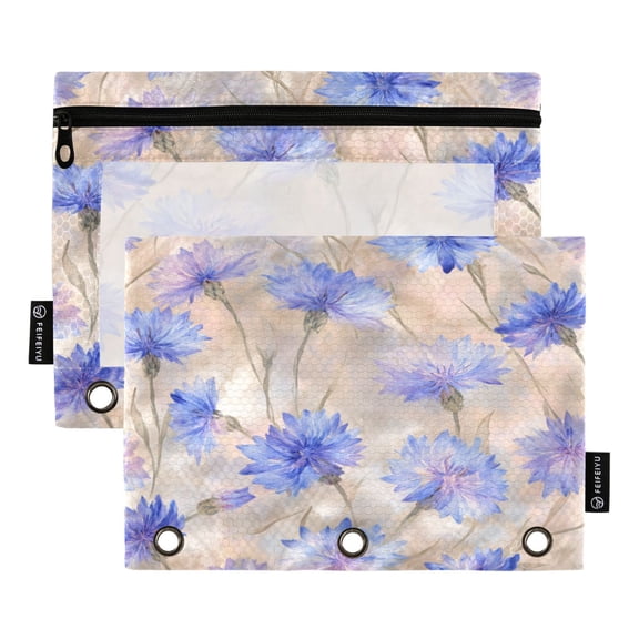 2 Pack 3 Ring Binder Pouch with Clear PVC Window Water Resistant Zipper Pencil Pouch Elegant Blue-purple Cornflowers Binder Pocket for Classroom Office Home Stationery Organization