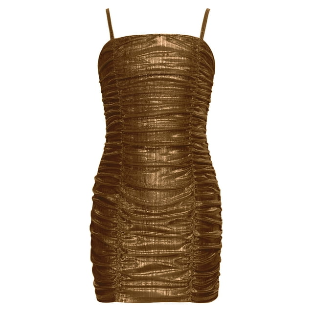 Moggemol Robe Caraco à Bretelles Spaghetti pour Fille Sans Manches Froncée Courte Ajustée Coupe Crayon Or 12