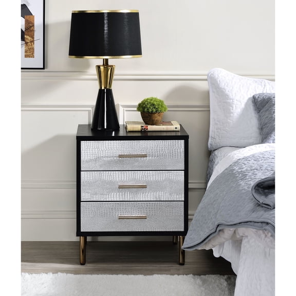 Nightstand with Sturdy Metal Legs and Patterned Drawers / Bedroom Storage Solution