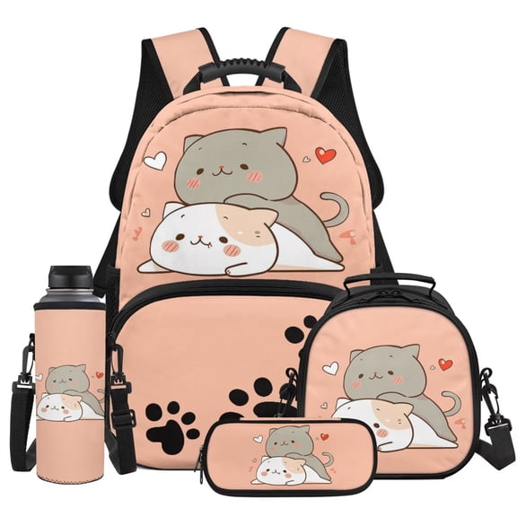 Yspwyqan Grey and White Cat Kids Backpack Set 4Pcs with Lunch Box Pencil Case Water Bottle Bag, 17 Inch Lightweight Bookbag Fits 13 Inch Laptop for Elementary Middle School Travel