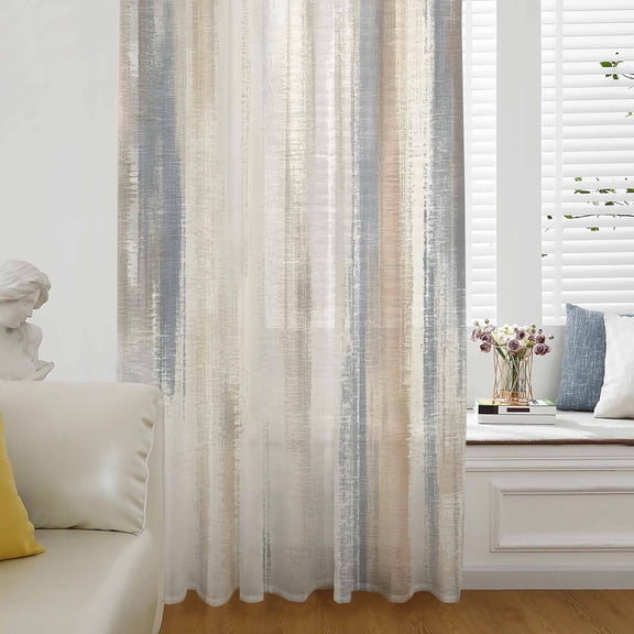 Beige Grey Sheer Curtains 96 Inch Length, Light Filtering Voile Curtain Panel, Abstract Mottled Art Retro Modern Painting Rod Pocket Drapes Window Treatments for Living Room Bedroom 52"x96"