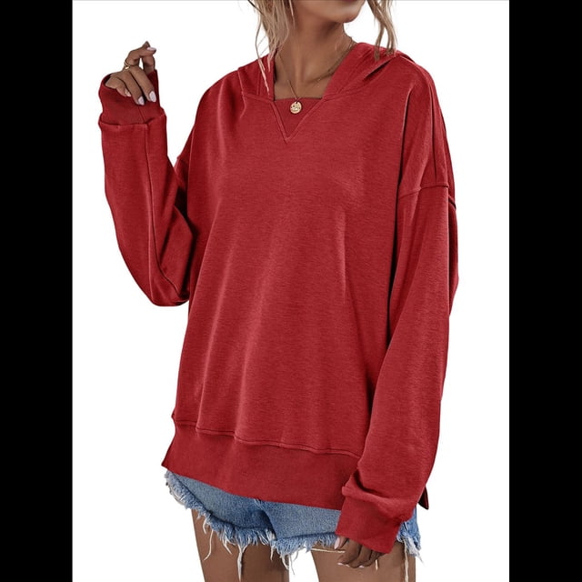 Sudadera de Larga para Mujer, Holgada, para Hacer Ejercicio, para Salir, Informal, con Capucha Rojo M