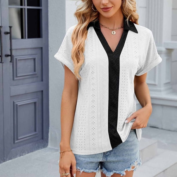 Fiudx Ofertas Del Día Camiseta Informal de Manga Corta con Cuello En V Liso a La Moda para Mujer