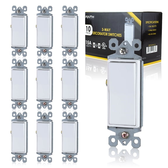 Faith SSK1B-WH, 15A White 3 Way-Rocker Light Dimmer Switch, 10 Pack