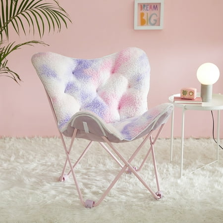 Justice Super Soft Sherpa Printed Folding Butterfly Chair With Holographic Trim  Pink