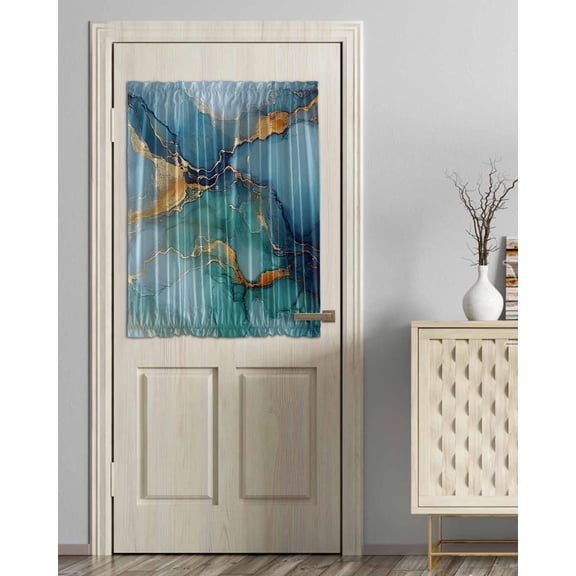 Turquoise Blue Blackout Curtains French Door Curtains for Door Window, Modern Teal Gold Marble Textured Privacy Drapery for Patio/Sidelight Doors, 1 Panel with Tieback, 54 x 40 Inches