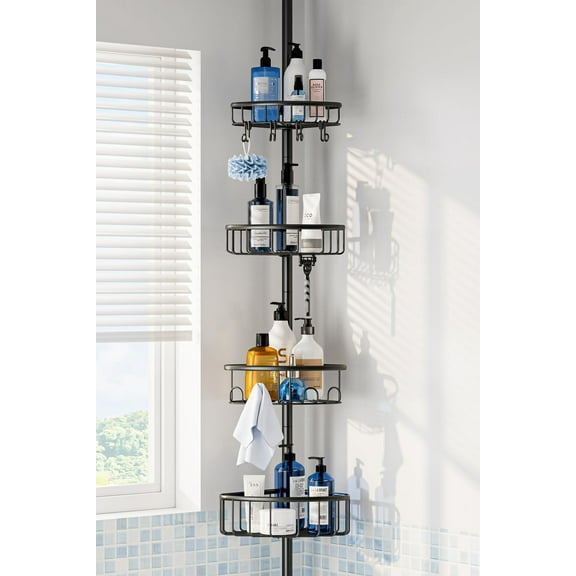 Corner Shower Caddy Tension Pole: Stainless Steel Rustproof 4-Tier Shower Organizer - 47-121 inch Adjustable Bathroom Shelves for Bathtub Shampoo Storage - Tension Rod Floor Standing Bath Rack