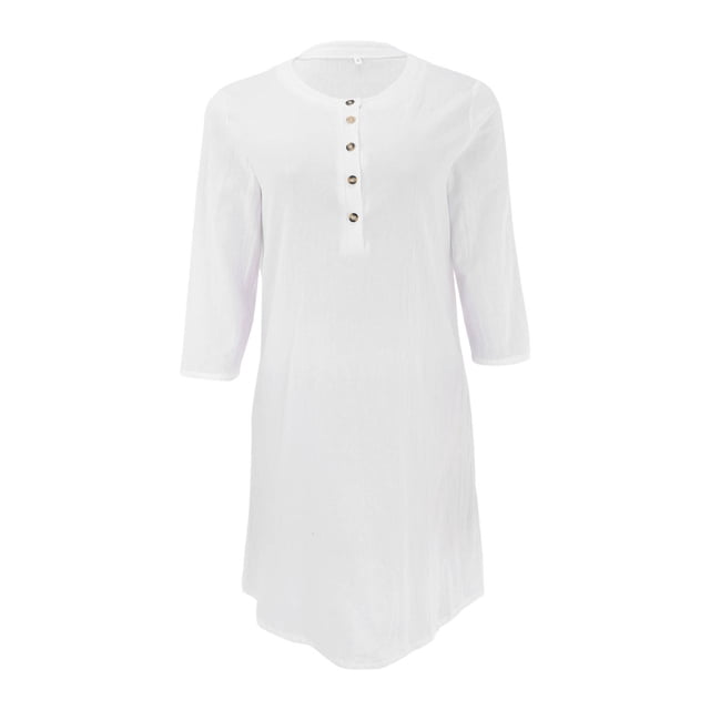 Vestido de algodón y lino con cuello redondo y manga larga con botones para mujer - Lino, corte holgado - Tallas S-XXXL, informal para todas las estaciones