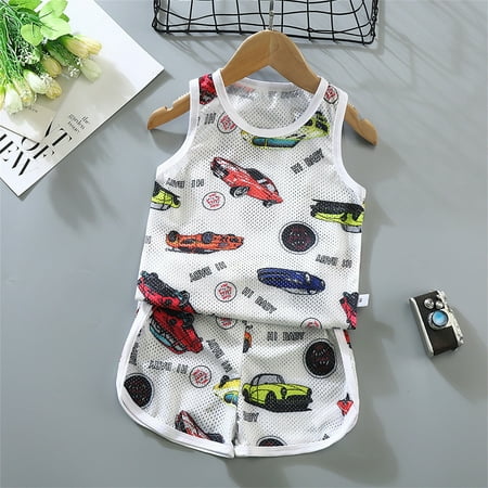 

nsendm Toddler Kids Baby Boys Girls Sleeveless Cartoon Dinosaur Floral Vest T Shirt Tops Shorts 2Pcs Firetruck Clothes for Boys Childrenscostume White 5-6 Years