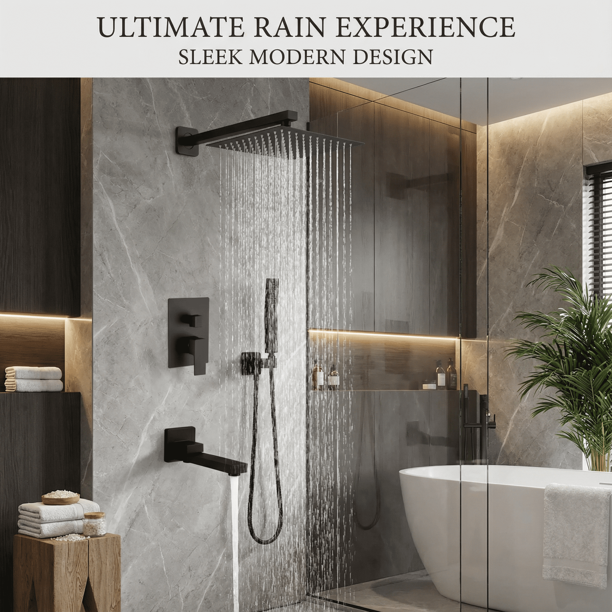 LIFERECORD 3-in-1 Matte Black Shower System with Rainfall Shower Head, Handheld Shower & Tub Spout, Adjustable Bathroom Shower Fixture with Brass Rough-In Valve, Easy Clean Silicone Nozzles