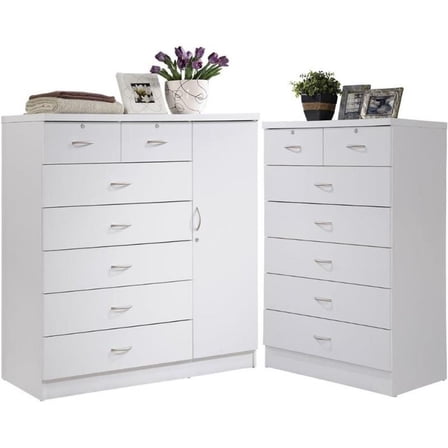 Home Square Hodedah 2 Piece 7 Drawer Wood Chest Set with Locks in White