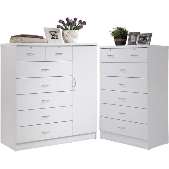 Home Square Hodedah 2 Piece 7 Drawer Wood Chest Set with Locks in White