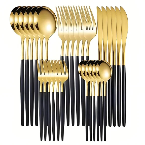 Silverware Set 30 Pieces, Stainless Steel Flatware Set, Utensil Sets Service Set for 6 (golden black)
