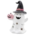 thumbnail image 2 of Star Moon Hollow Resin Ghost Statue Holding Pink Pumpkin Lantern, Halloween Cute Witch Hat Ghost Figurine, Warm Glow Pastel Halloween Tabletop Decor, 2 of 6