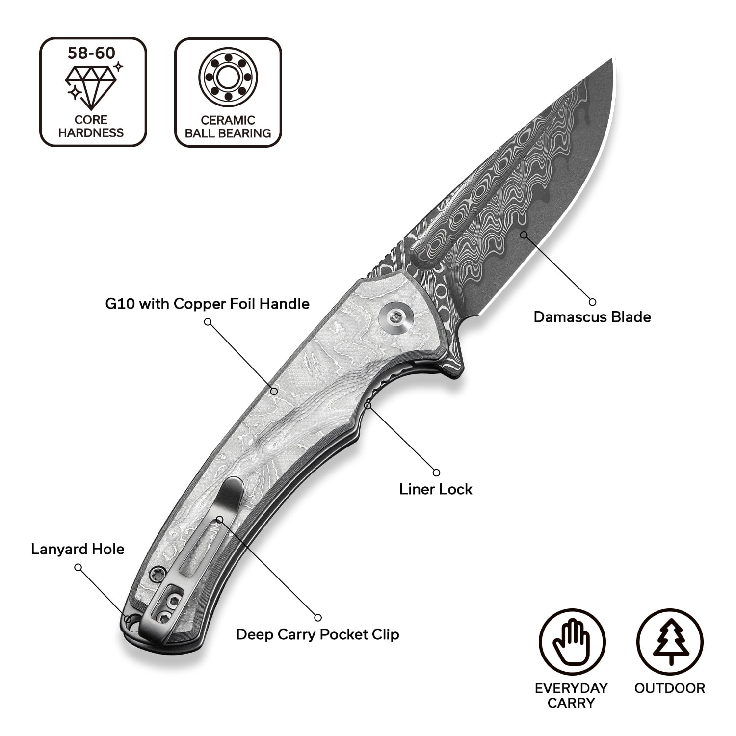 CIVIVI Voidflare Pocket Folding Knife with 2.92" Damascus Blade C24040-DS1