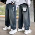 thumbnail image 2 of VeFlora Baggy Jeans for Boys, Y2K Straight Wide Leg, Denim Pants Kids Casual Elastic Waist Loose Trousers Pockets Streetwear(Blue#09/15-16 Years), 2 of 5