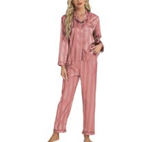 Defitshape Women's Satin Pajama Set Luxury Striped Spring Fall Sleepwear Soft 2 Piece Long Sleeve Button Up Collared Shirt Pants Set Lightweight Pjs Lounge Comfy Pj Set Rose Medium