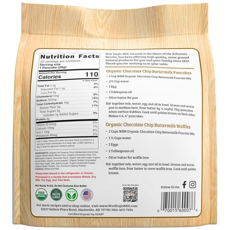 War Eagle Mill Chocolate Chip Buttermilk Pancake & Waffle Mix, Organic, 22 oz. Bag (Pack of 2)