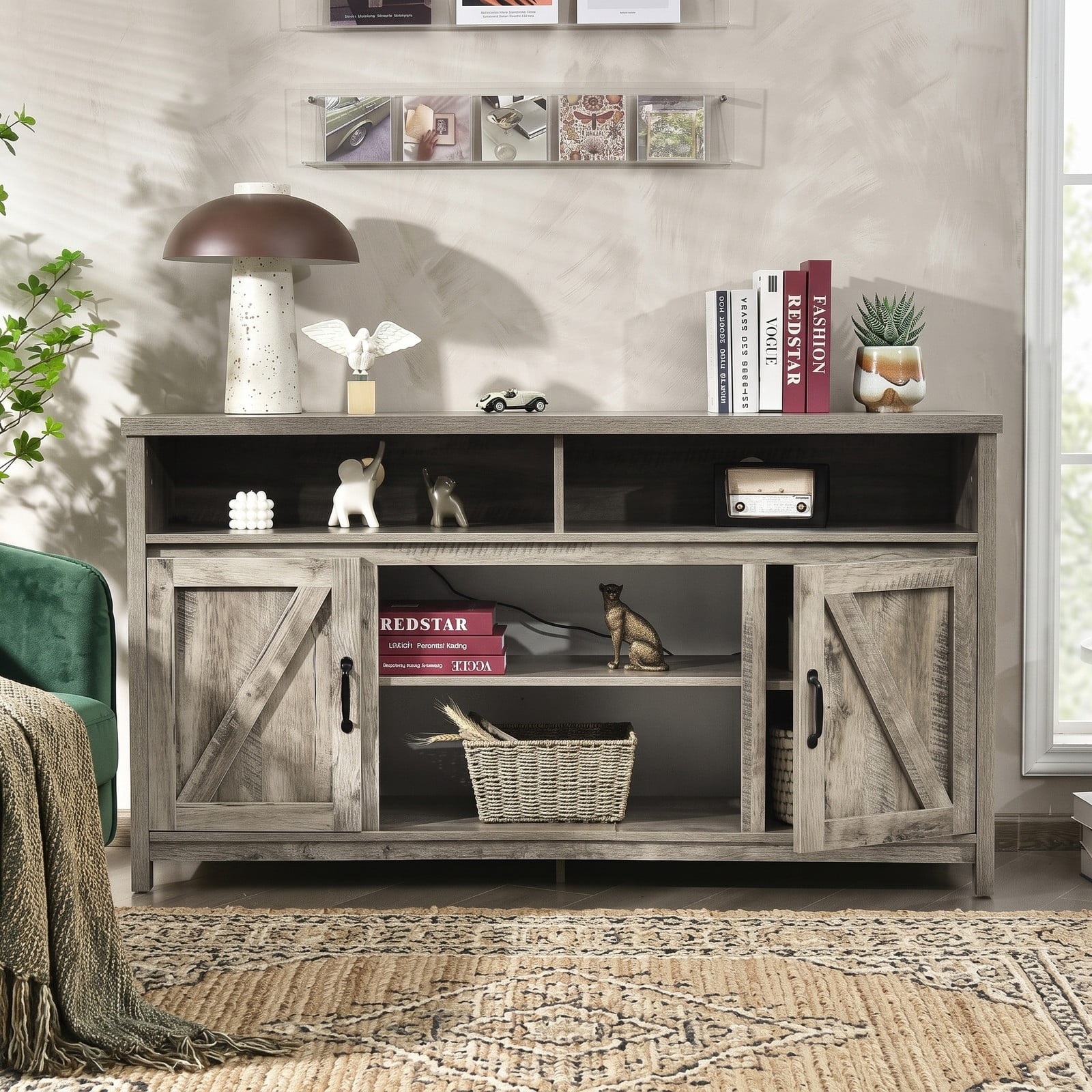 Furnibear 59 Inch TV Stand Media Console Cabinet with Barn Door for 65 Inch TVs, Wood Entertainment Center with Adjustable Shelves and Cable Management, Natural Brown