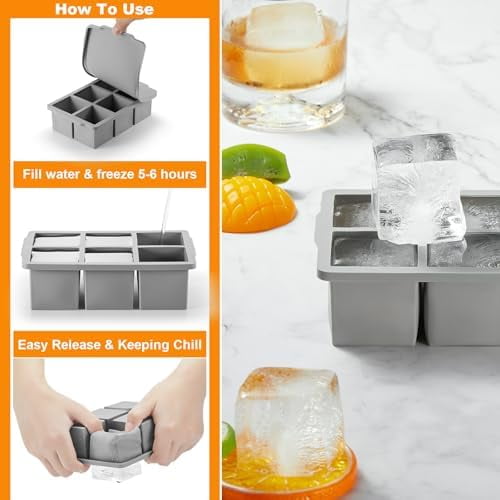 Large Ice Cube Tray with Lid Pack of 2, Stackable Big Silicone Square Ice Cube Mold for Whiskey Cocktails Bourbon Soups Frozen Treats, BPA Free