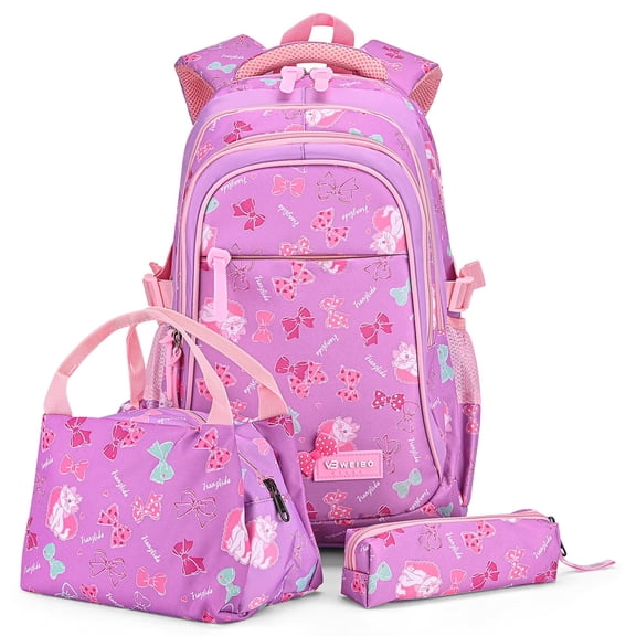 3PCS School Backpack with Lunch Bag & Pencil Pouch, Printed Girls School Bag Set for Primary Middle School Students - Purple