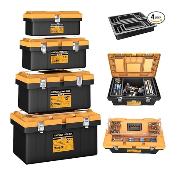 Tool Box | 4 In 1 Toolbox Set | 8 Removable Tool Box Organizers | 15” 17” 19” 21” | Lockable Portable Tool Boxes | Mini/Small/Large Toolboxes | Garage Storage Tools | Home/Professional | Hand/Power
