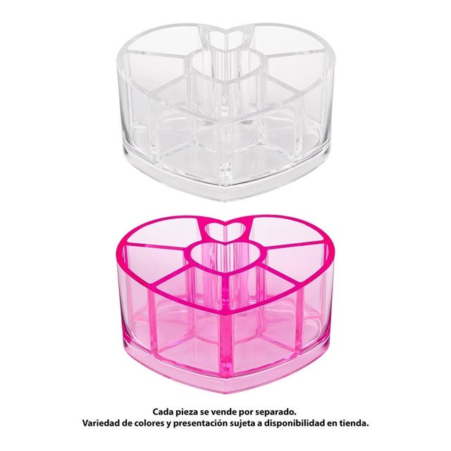 organizador way to celebrate de acrílico forma de corazón multiusos 8 divisiones transparente y rosa; vista frontal 3/4 de dos piezas, silueta de corazón con tubo central y ocho compartimentos radiales, acrílico translúcido con bordes biselados, para labiales, brochas y accesorios de tocador; también suele usarse para ordenar joyería pequeña.