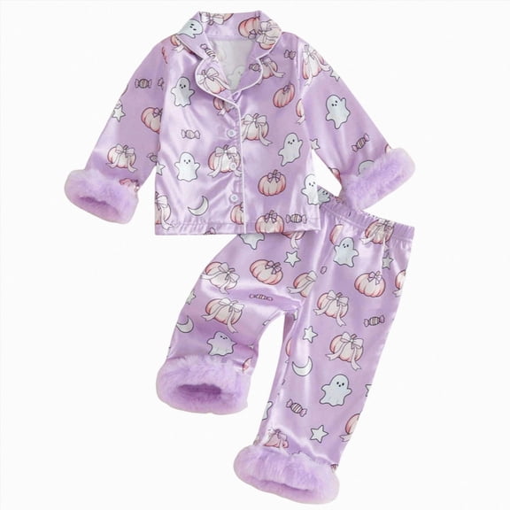 CAUYDY Toddler Girls Halloween Pajamas Fuzzy Trim Button Down Cute Pumpkin Ghost Print Long Sleeve Shirt Elastic Pants 2 Piece Satin Pajama Set(L101-Light Purple,2-3 Y)