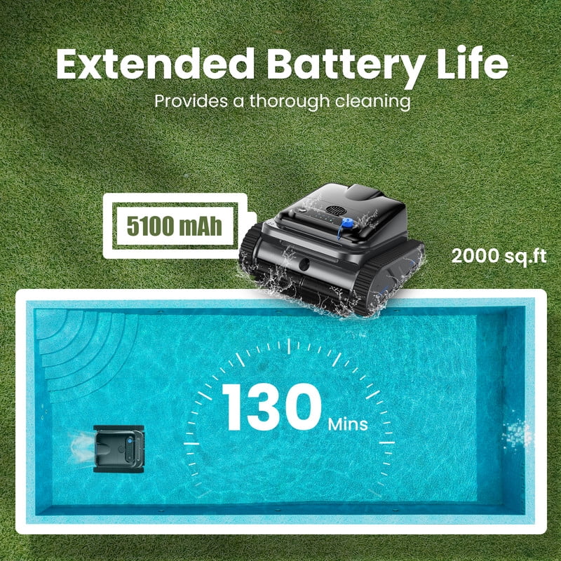 POWEART Cordless Robotic Pool Cleaner, Wall & Waterline Cleaning, 120 Min Runtime, 2152 sq.ft, 4 Modes, 4L Filter, 180μm, for Inground & Above-Ground Pools