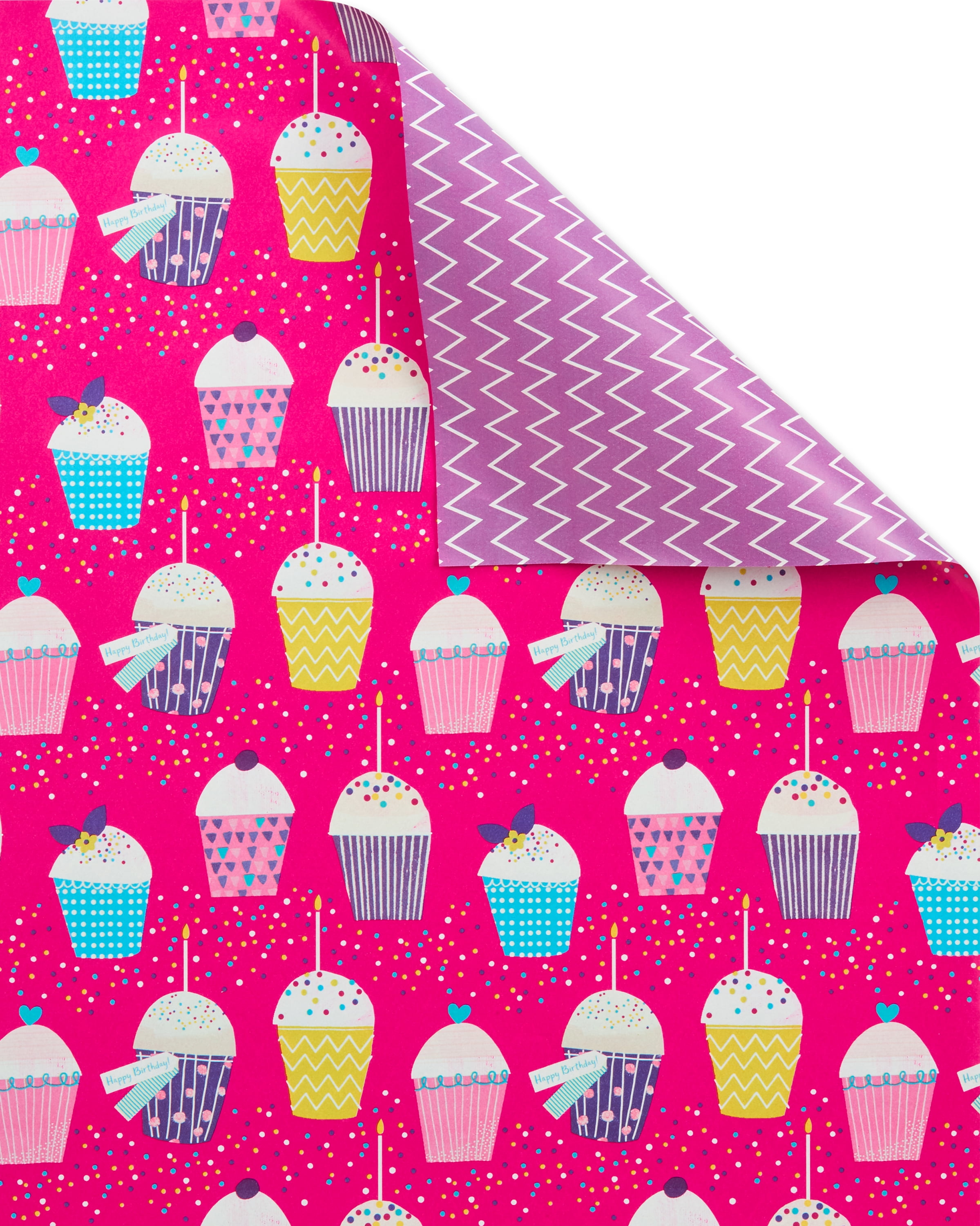 Hallmark Reversible Wrapping Paper, Cupcakes/Pink Happy Birthday