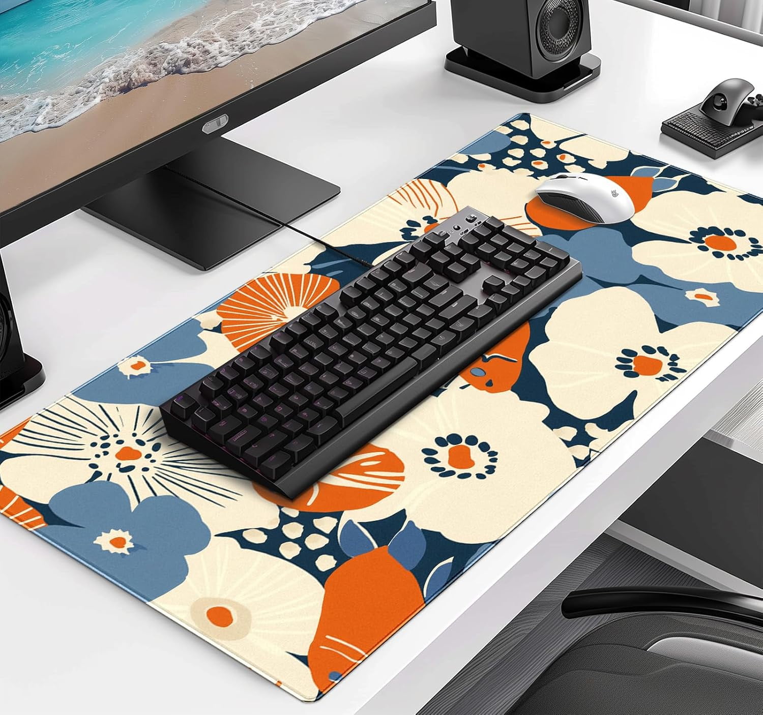 Cute Anime Flower Mouse Pad, Women''s Office Desk Accessory Decoration, Expanded Mouse Pad 35.4 x 15.7 x 0.12 Inch Sewn Edge Non Slip Rubber Base