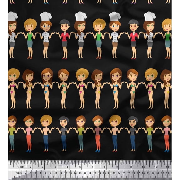 Soimoi Black Cotton Voile Fabric Women Group Print Fabric by the Yard 42 Inch Wide