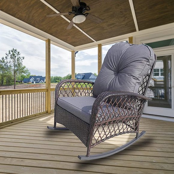 Fauteuil Berçant en Rotin, Fauteuil Berçant Rembourré en Osier avec Coussin Doux Lavable, Rotin PE Résistant aux Intempéries, Fauteuil Inclinable de Patio, Capacité de Poids 160KG/352lbs - Gris