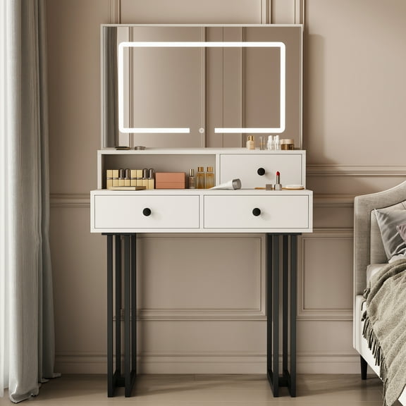 OJMX Vanity with LED Lights and Mirror, White Makeup Vanity Desk with Drawers Dressing Tables Dresser Desk 3 Lighting Color Adjustable